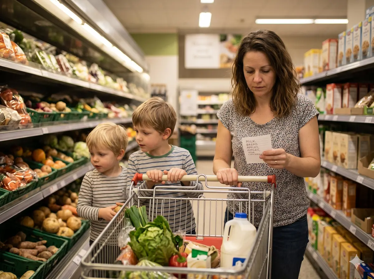 Mom grocery shopping with kids — managing the cost of raising children on a budget