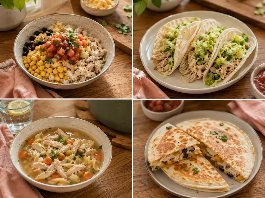 Four easy family dinners from one batch of shredded chicken — rice bowls, tacos, soup, and quesadillas