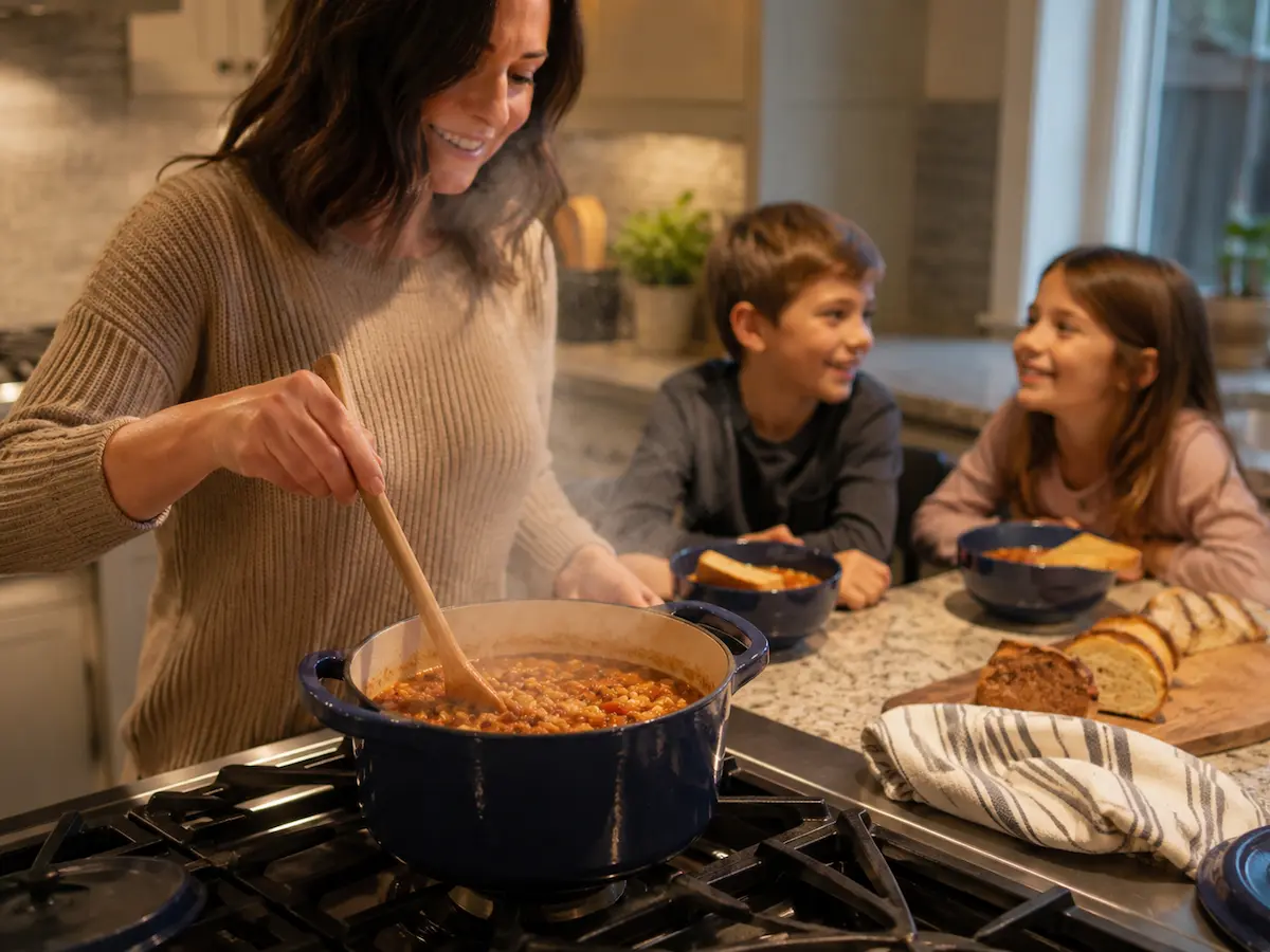 Family reheating a budget freezer meal — pot of thawed soup on the stove for dinner
