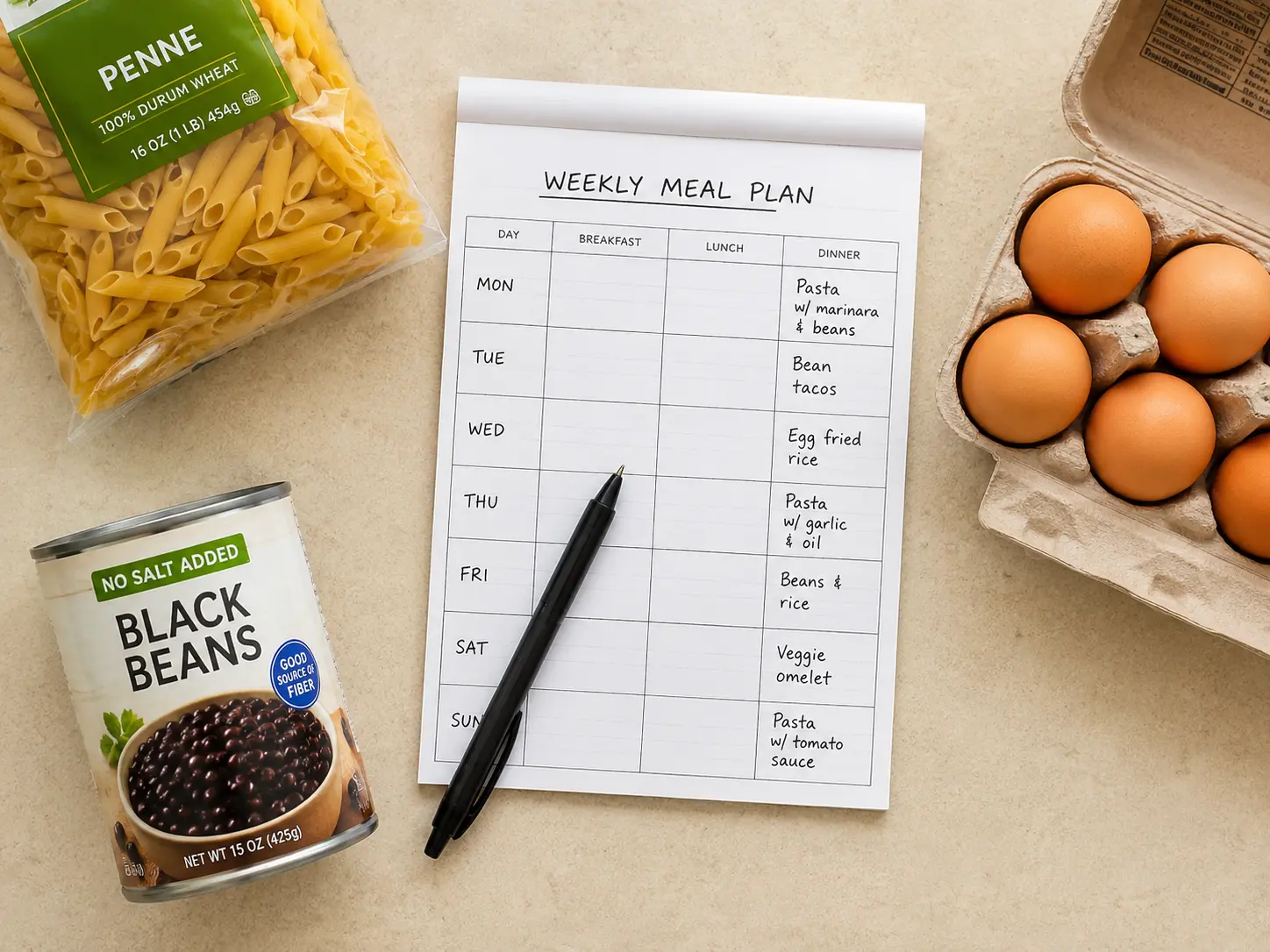 Meal planning to reduce hidden costs of raising kids — weekly dinner plan on counter