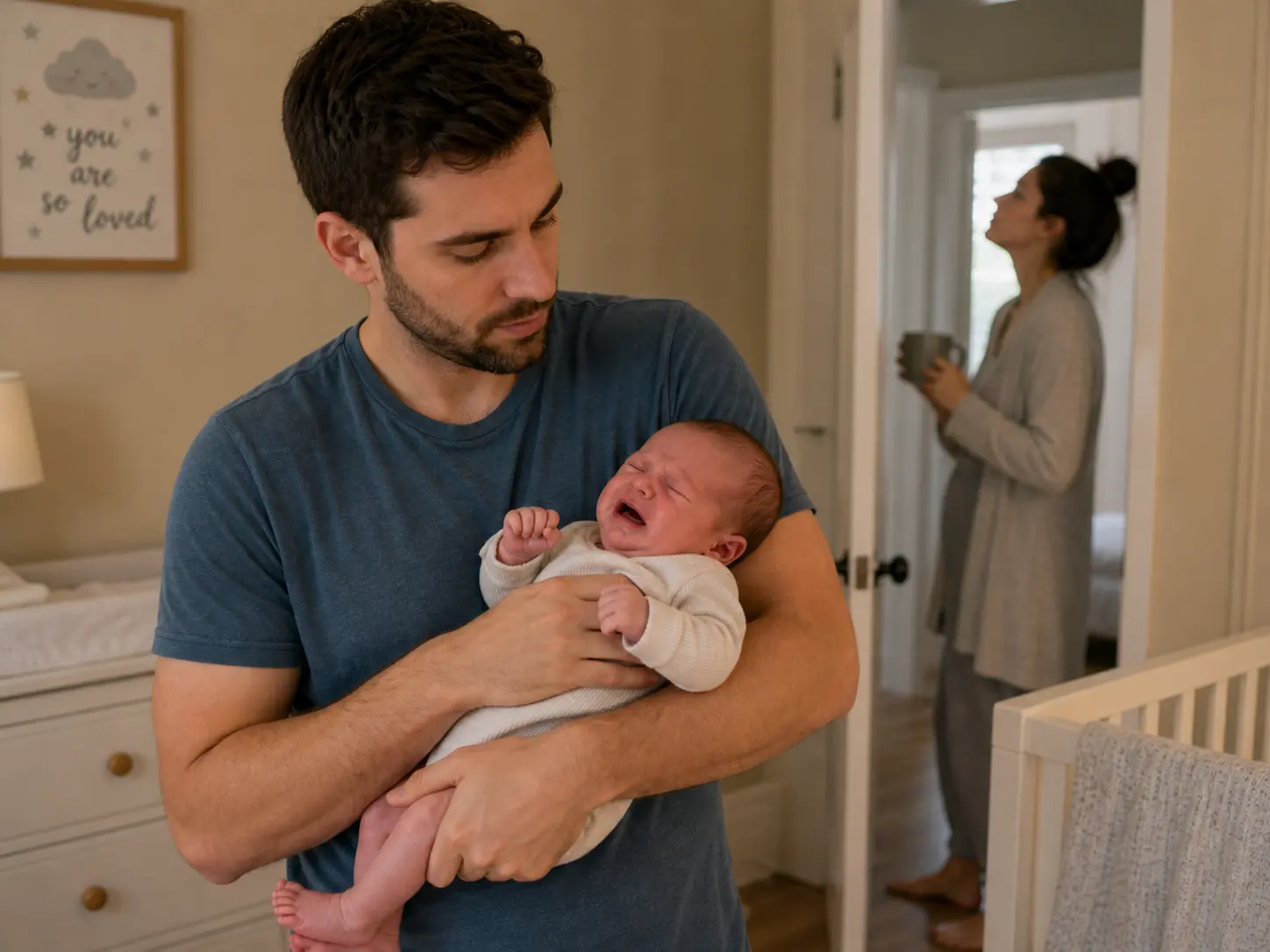Dad holding fussy newborn while mom takes a break — sharing baby care duties