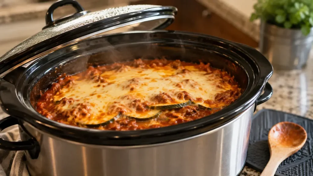 Slow cooker low carb lasagna with zucchini layers and melted cheese — easy crockpot dinner