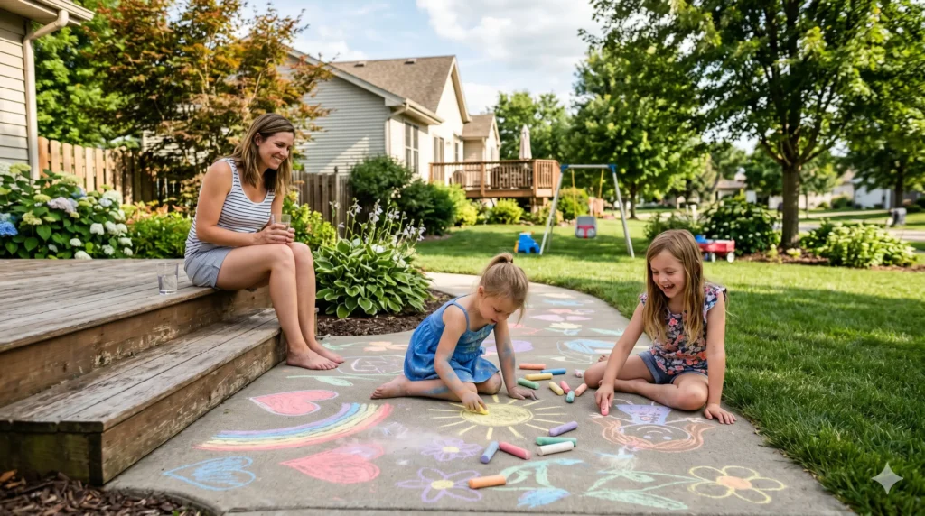 Summer bucket list ideas for kids — mom and two children doing sidewalk chalk in the backyard Warm summer afternoon.