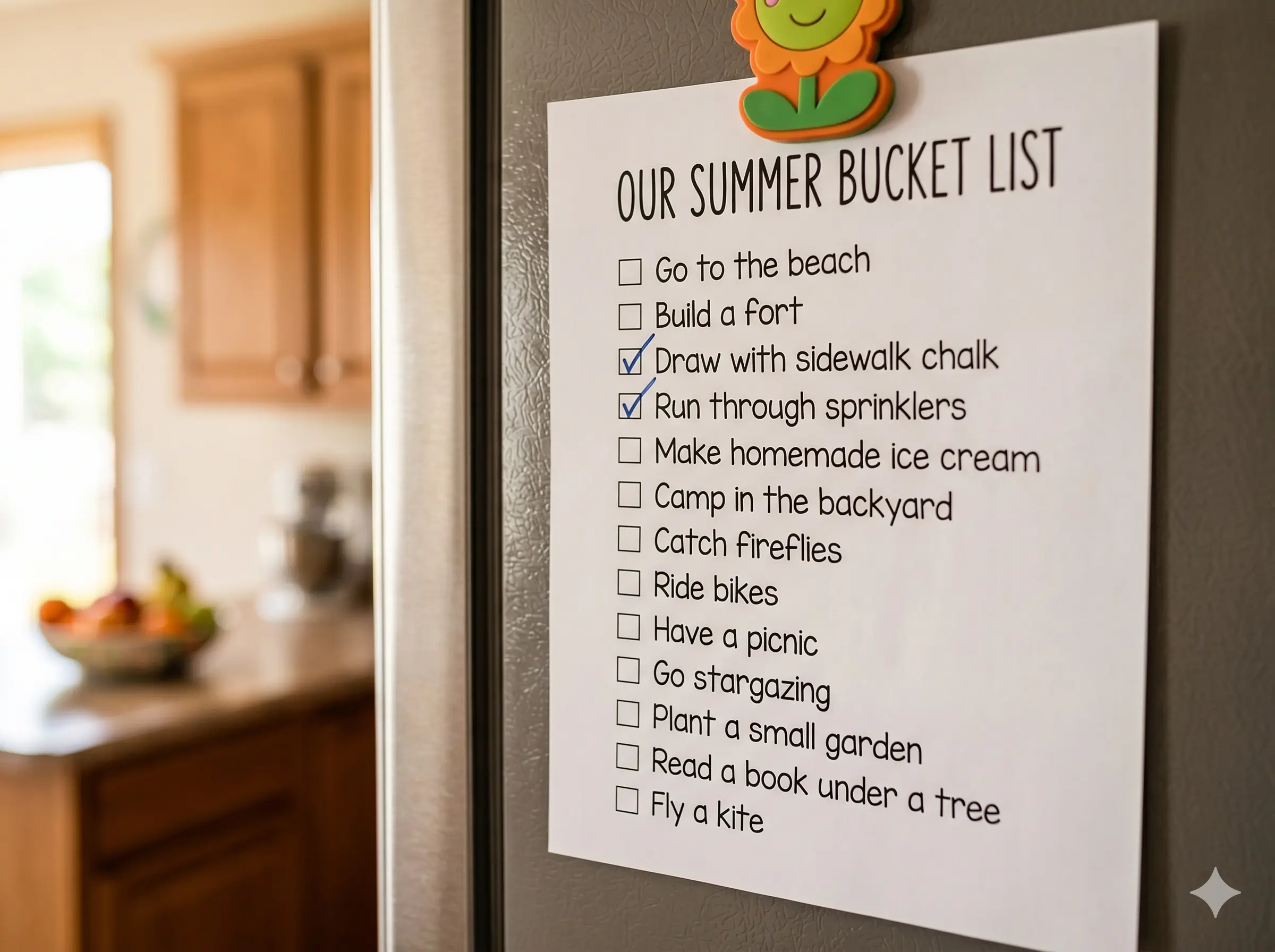 Summer bucket list printable checklist hanging on refrigerator with checkboxes for kids
