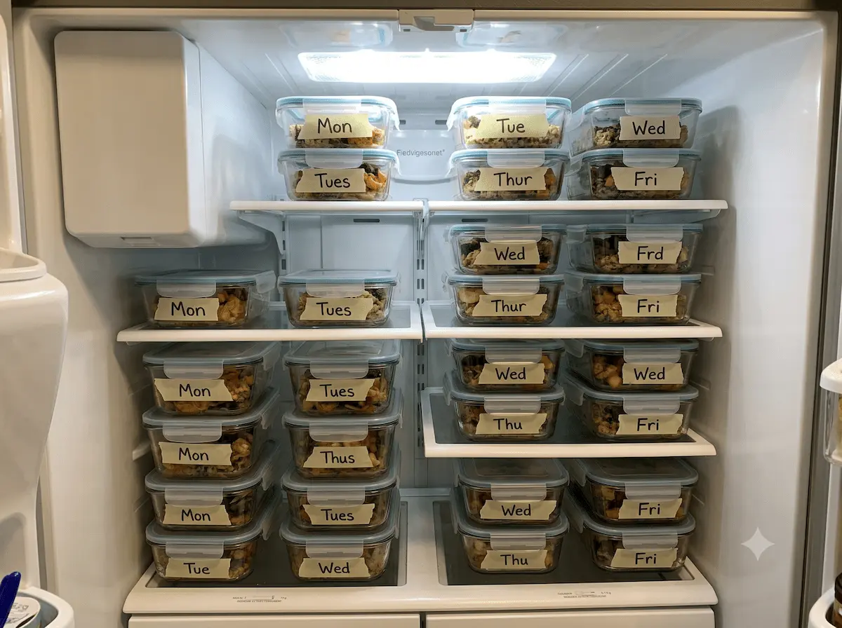 Weekly meal prep containers organized in the fridge — labeled with days of the week for busy moms