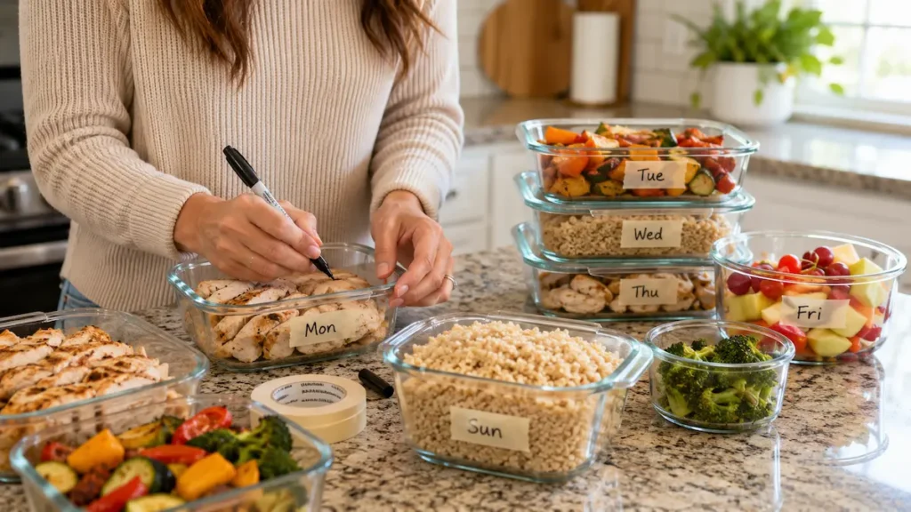 Sunday meal prep for the week — containers of prepped food on a kitchen counter