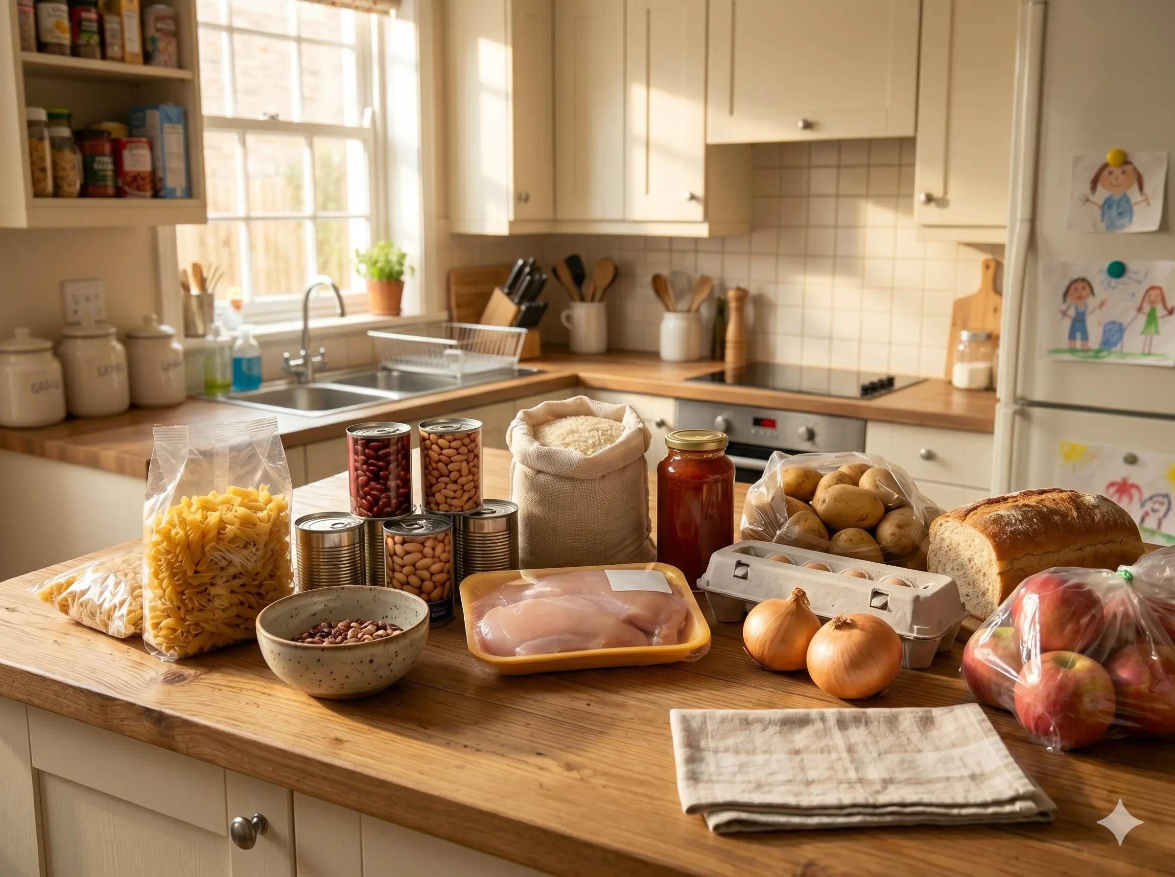 Budget family weekly meal plan prep — pantry ingredients laid out for the week