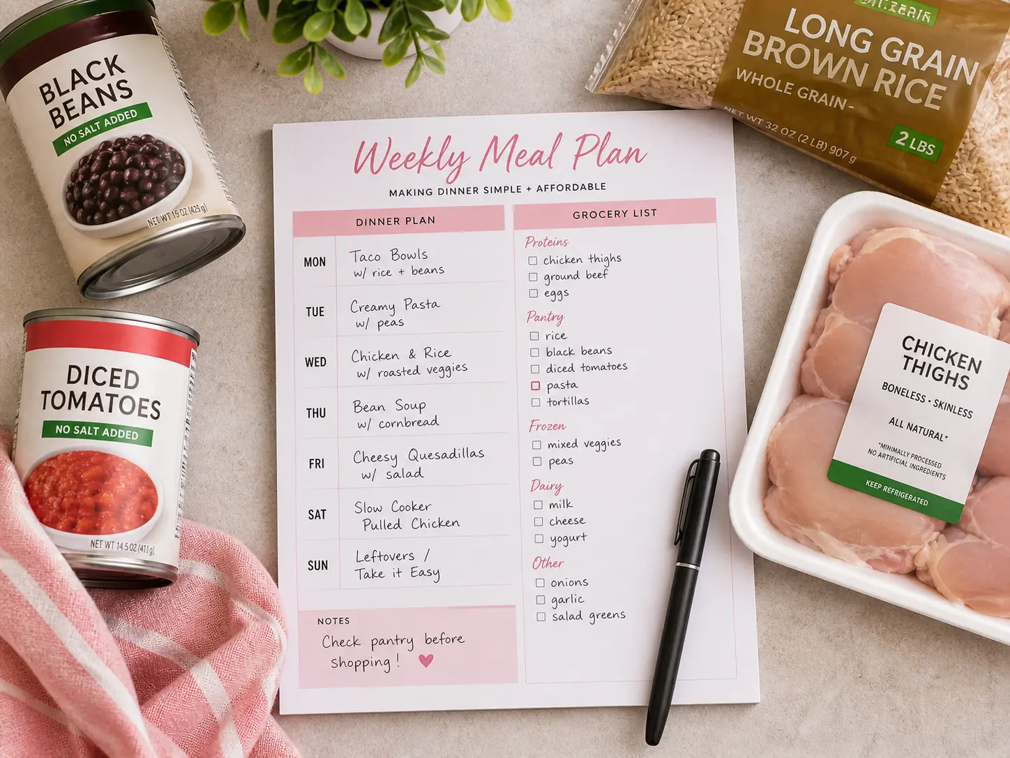 Weekly meal planning printable with grocery list for budget family meals