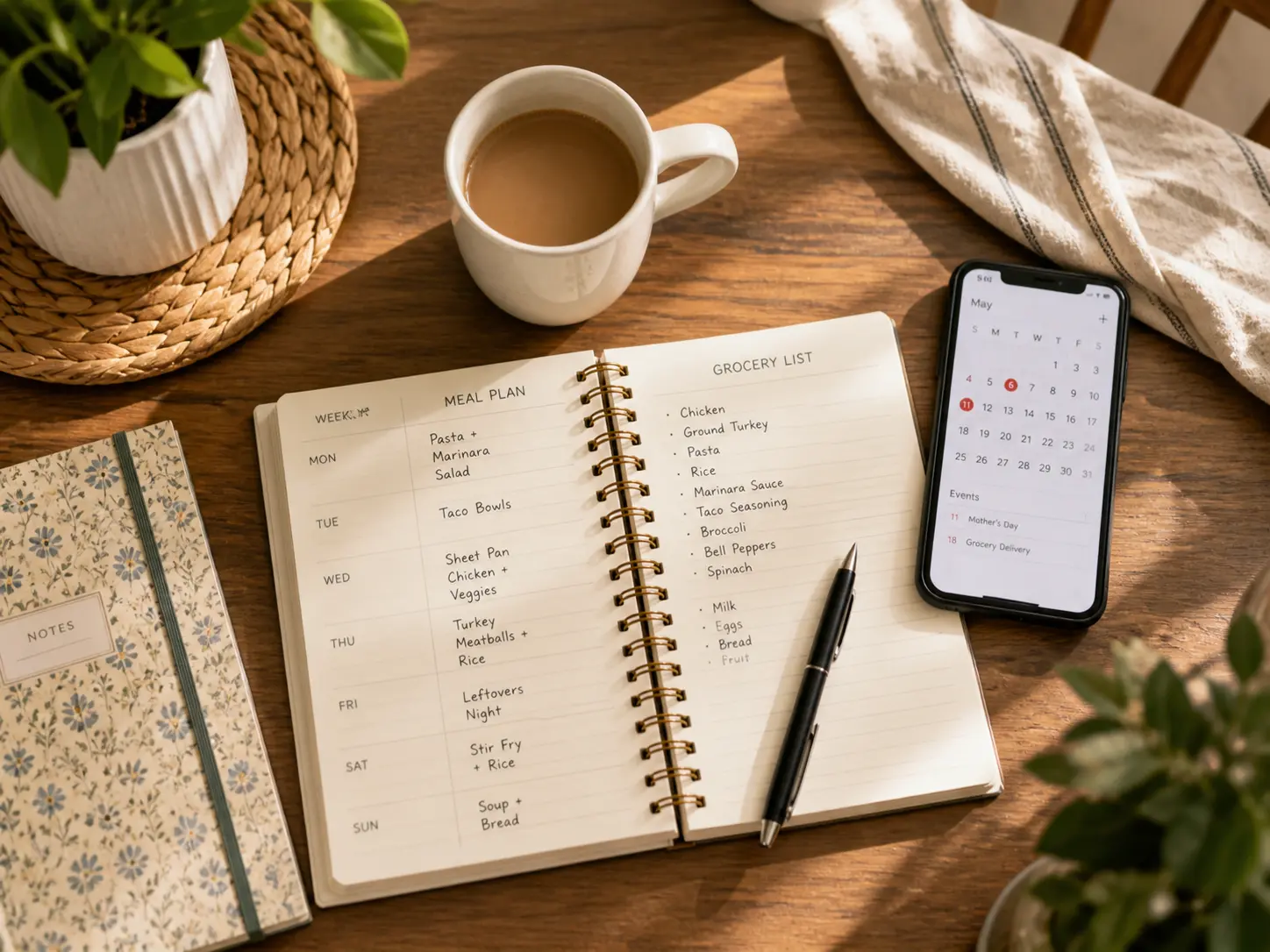 Weekly reset routine for moms — calendar and meal planning on the kitchen table
