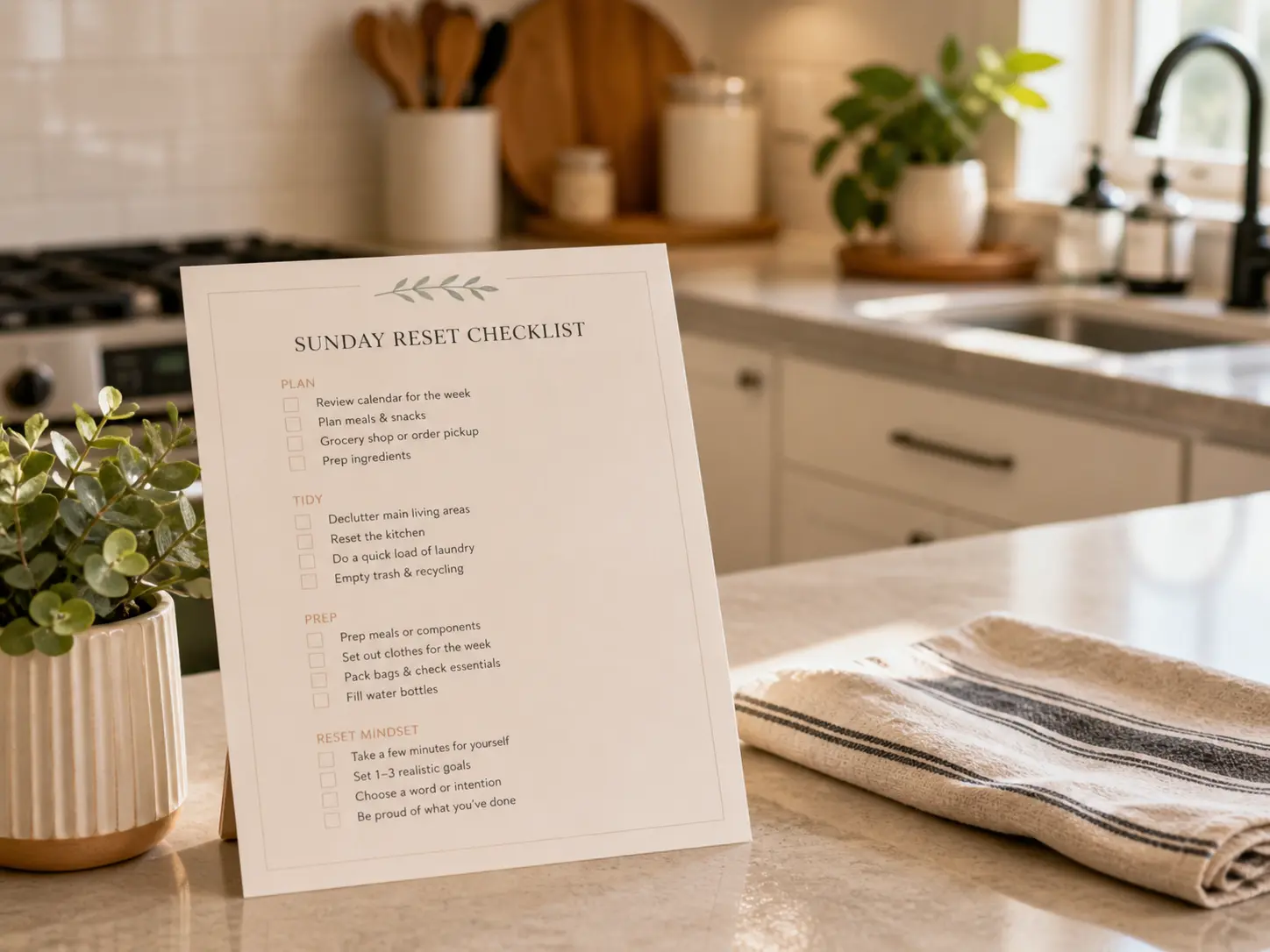 Weekly reset routine for moms — printed checklist on a clean kitchen counter