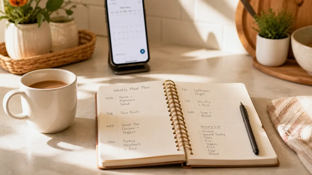 Weekly reset routine for moms — Sunday planner notebook with coffee and phone calendar